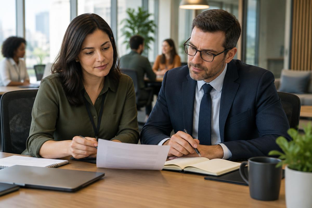 Gestora e advogado revisando políticas trabalhistas